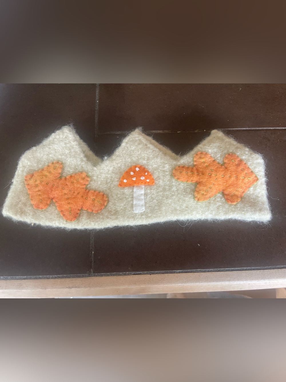 Cream Felt Kids Crown with Orange Mushroom & Leaf Accents